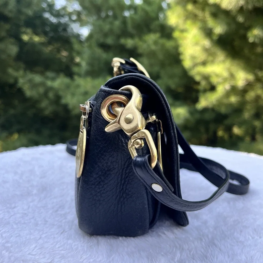 Libaire‎ Classic East West Handbag Pebbled Leather Purse Black Flap Front Brass